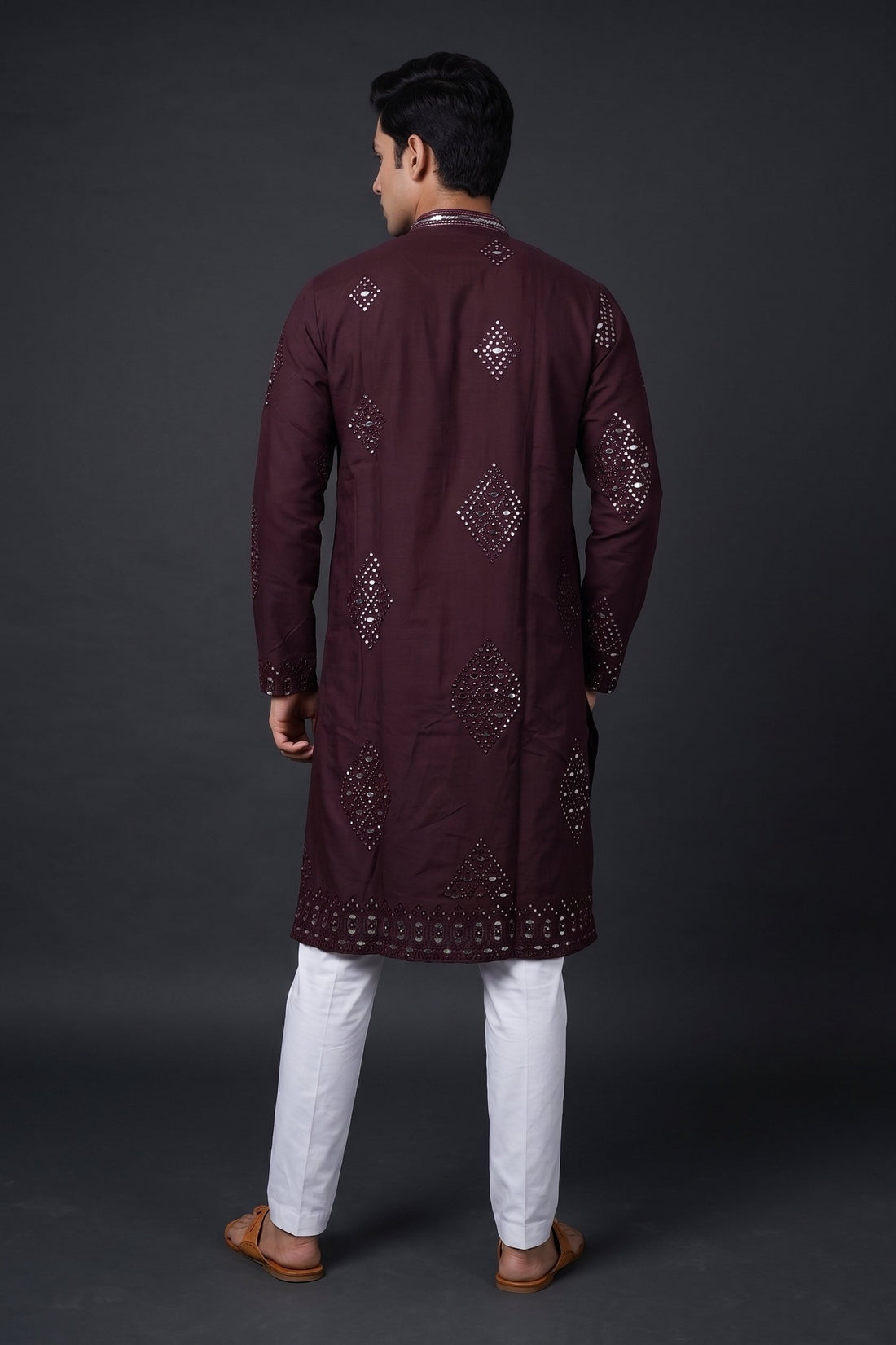 Royal Wine Mirror Work Festive Kurta For Men