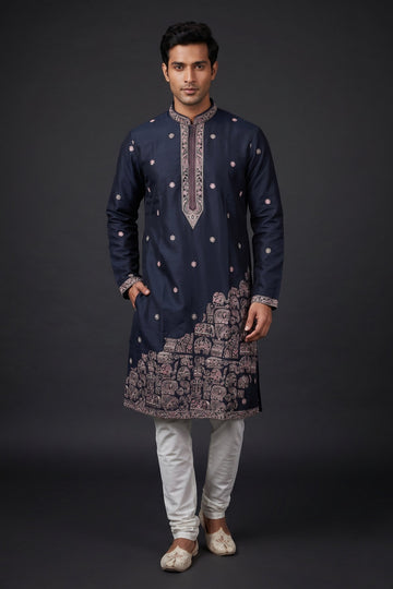 Midnight Blue Royal Printed Embroidered Kurta For Men