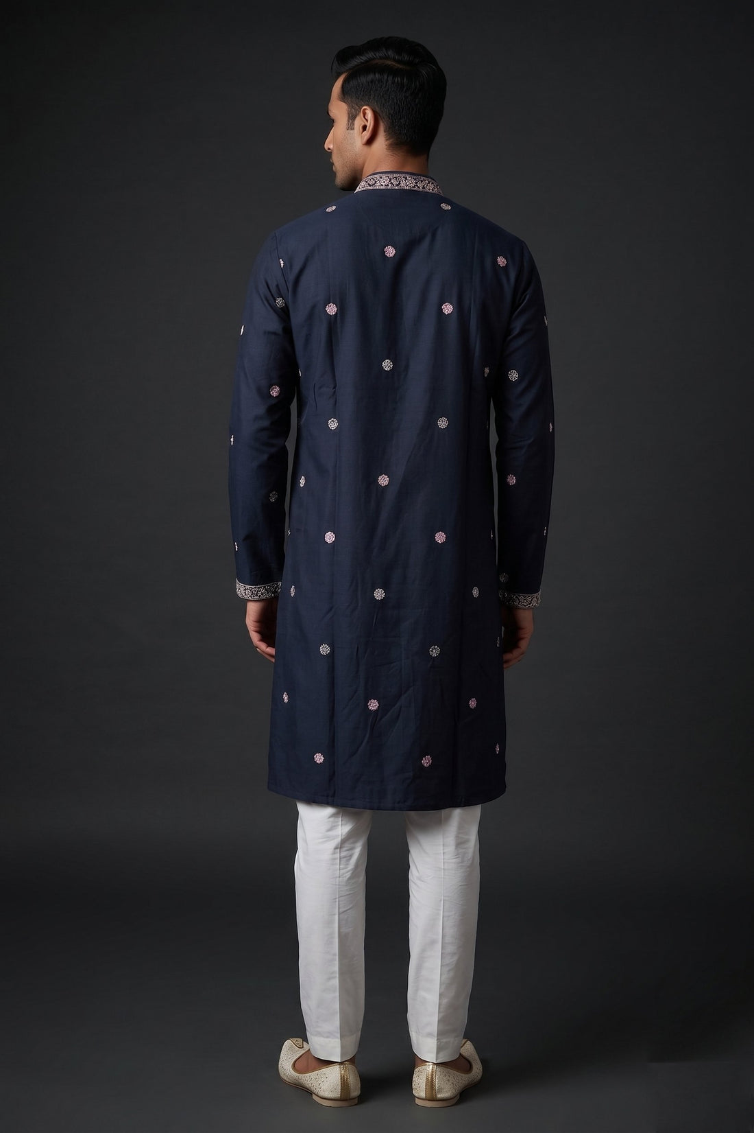 Midnight Blue Royal Printed Embroidered Kurta For Men