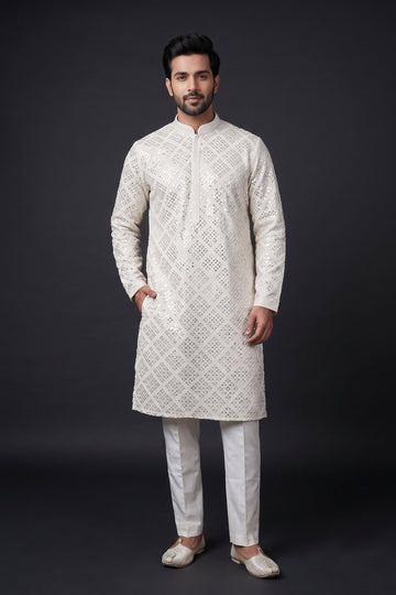 Royal Ivory Mirror Work Festive Kurta For Men