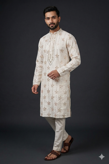 Ivory Star Mirror Embroidered Festive Kurta For Men