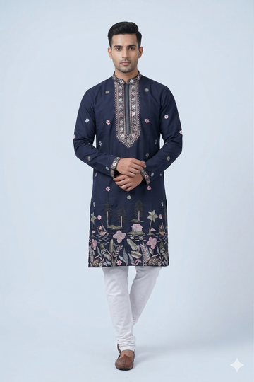 Midnight Blue Scenic Embroidered Designer Men’S Kurta