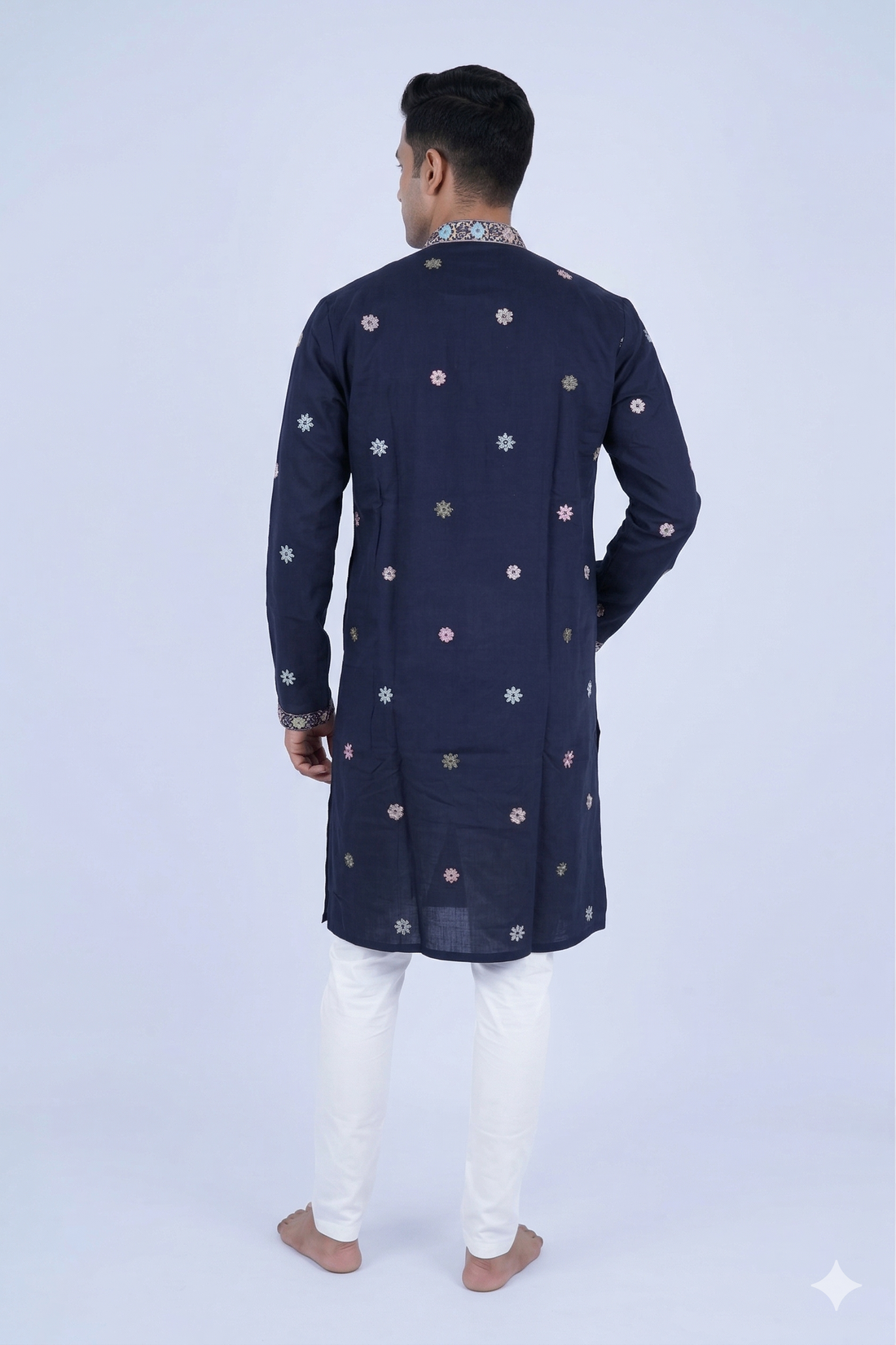 Midnight Blue Scenic Embroidered Designer Men’S Kurta