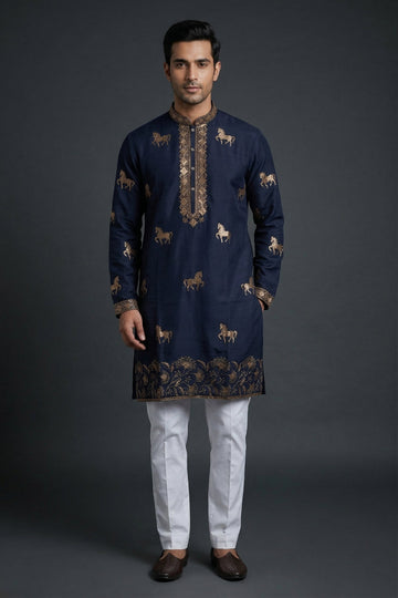 Royal Navy Blue Horse Motif Embroidered Men’S Kurta