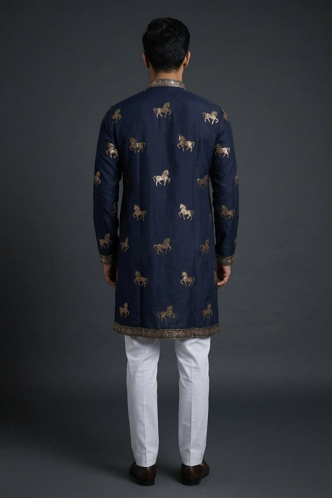 Royal Navy Blue Horse Motif Embroidered Men’S Kurta