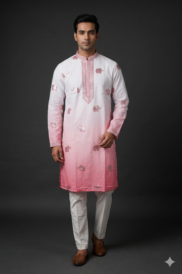Blush Pink Ombre Elephant Motif Embroidered Men’S Kurta