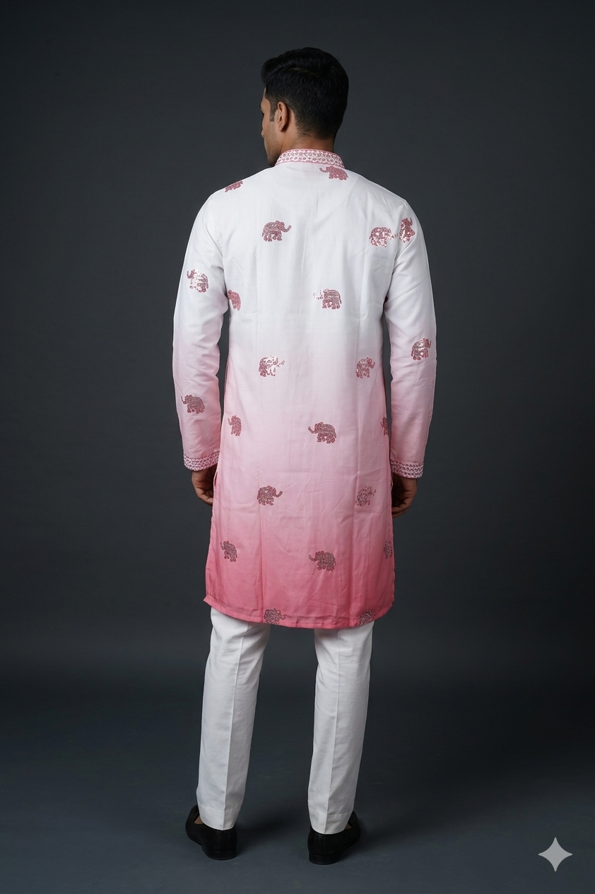 Blush Pink Ombre Elephant Motif Embroidered Men’S Kurta