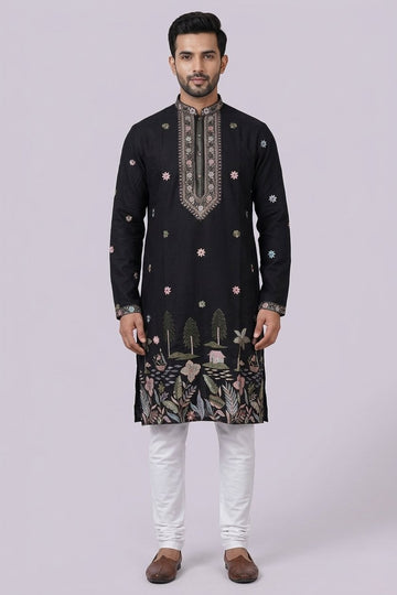 Midnight Black Scenic Embroidered Men’S Kurta