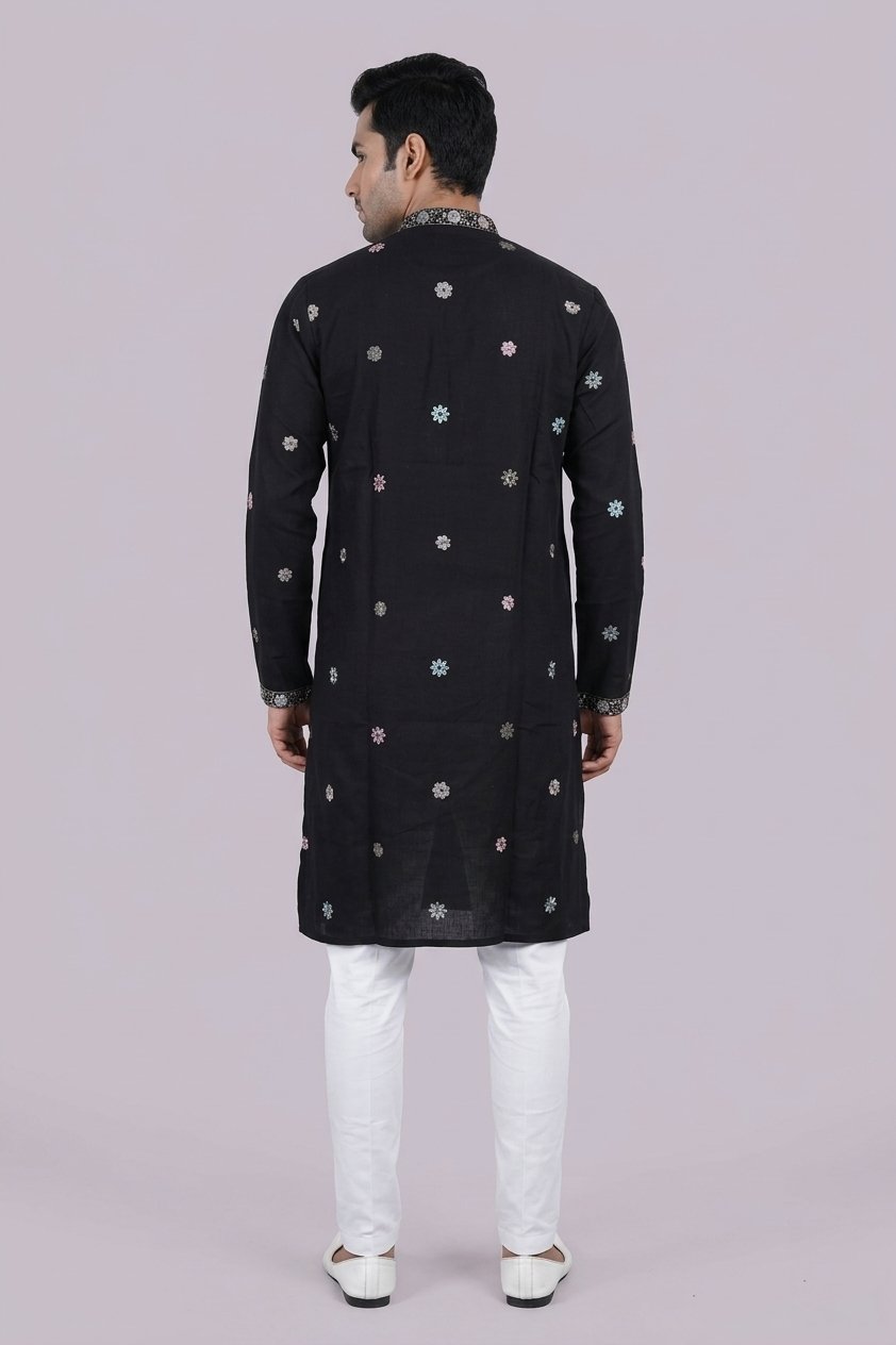 Midnight Black Scenic Embroidered Men’S Kurta