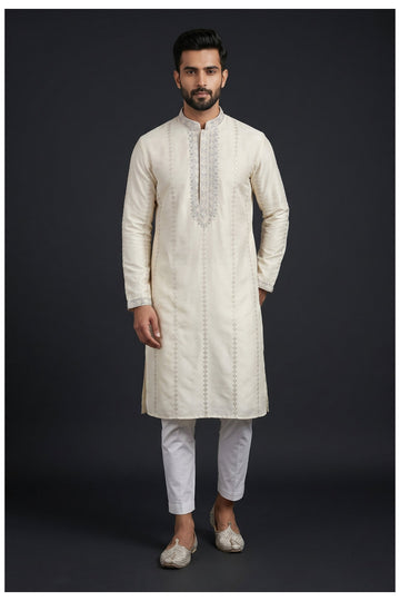 Off White Embroidered Men'S Kurta