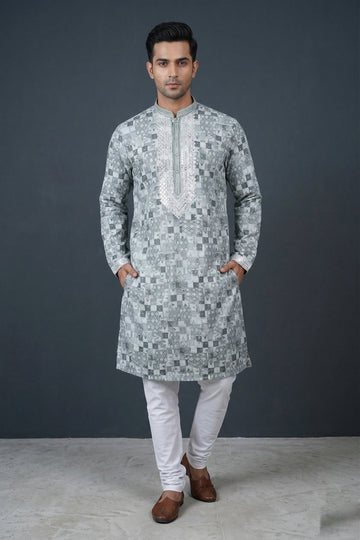 Silver Grey Designer Printed Men’S Kurta