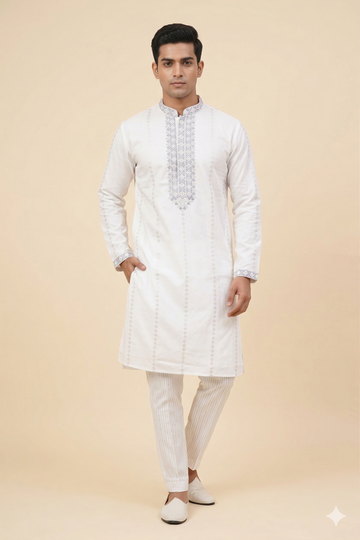 Classic Ivory Embroidered Festive Men’S Kurta