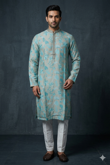 Aqua Botanical Jacquard Men’S Kurta