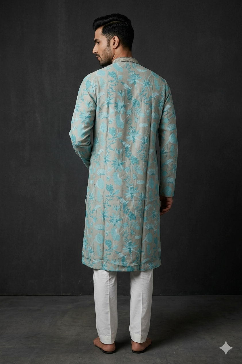 Aqua Botanical Jacquard Men’S Kurta