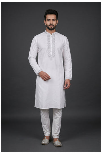 Off White Embroidered Men'S Kurta With Band Collar
