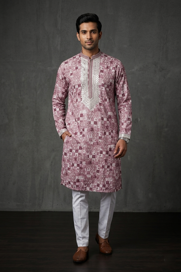 Rosewood Geometric Embroidered Men’S Kurta