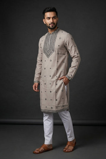 Stone Grey Star Embroidered Ethnic Kurta For Men
