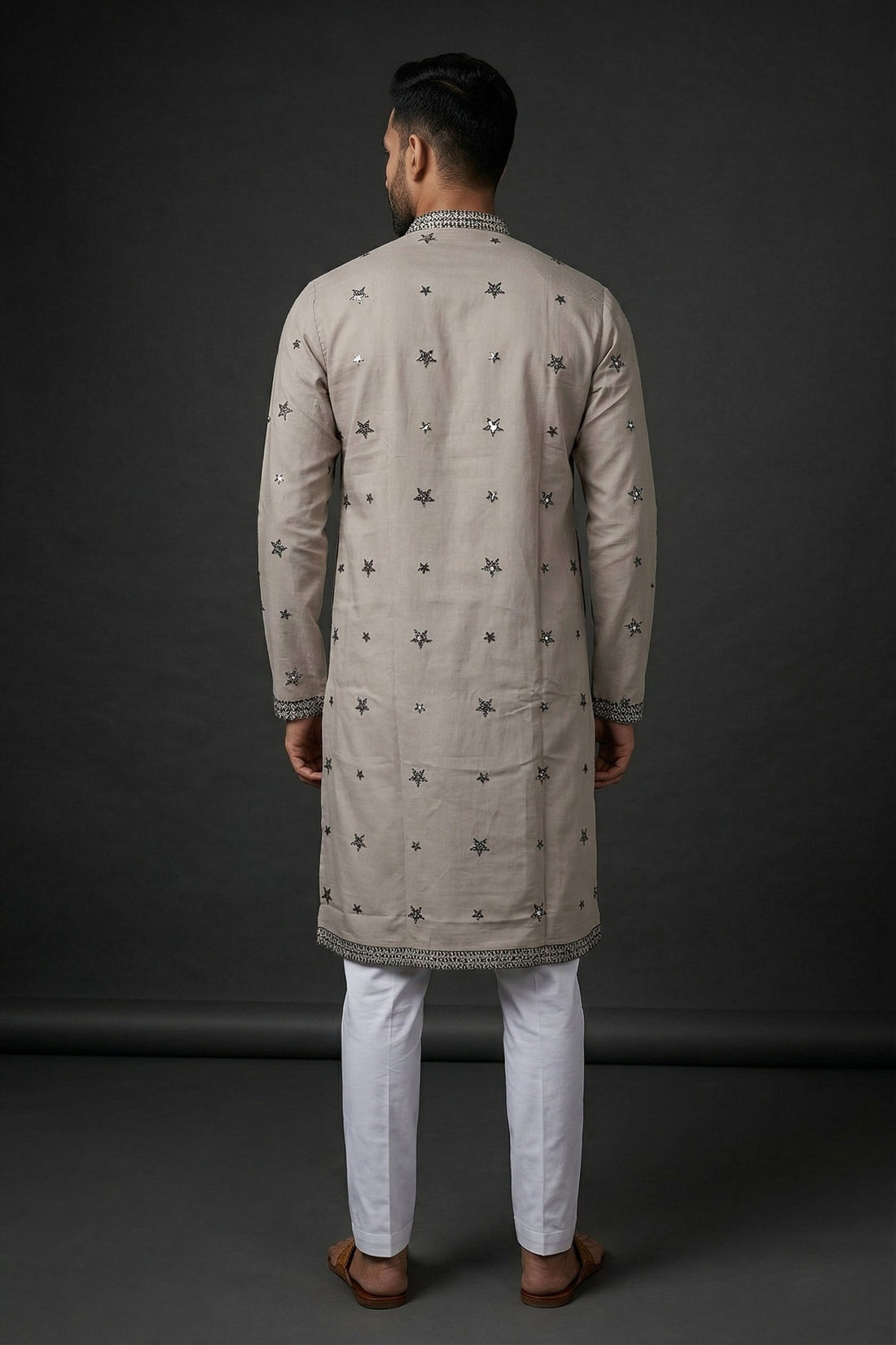 Stone Grey Star Embroidered Ethnic Kurta For Men