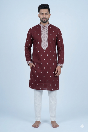 Royal Maroon Embroidered Festive Men’S Kurta