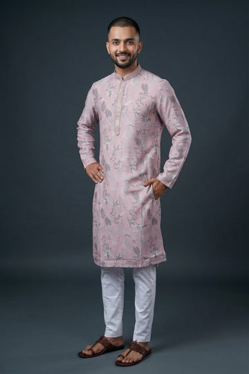 Blush Pink Floral Printed Festive Kurta For Men