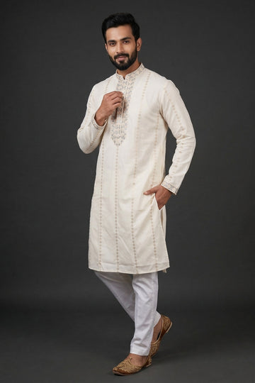 Classic Ivory Embroidered Ethnic Kurta For Men