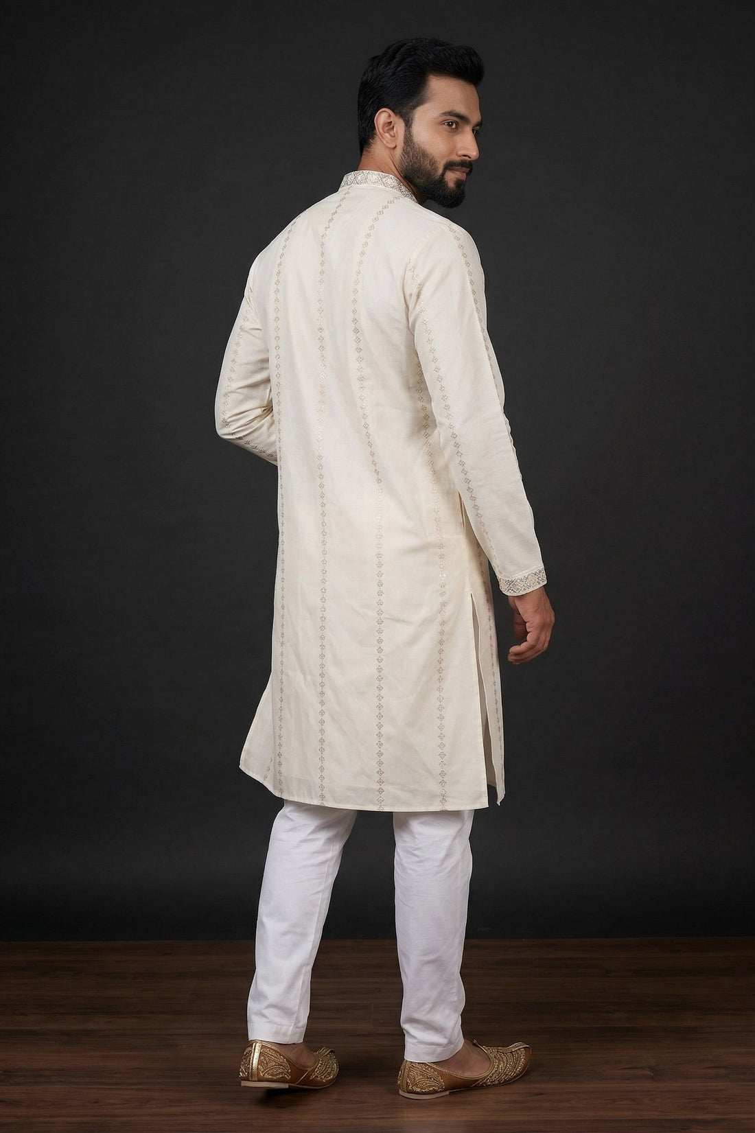 Classic Ivory Embroidered Ethnic Kurta For Men