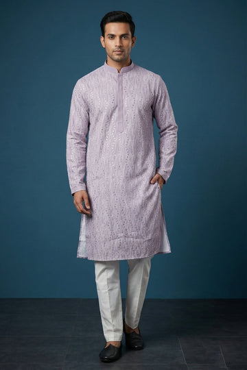 Lilac Sequins Embroidered Men’S Festive Kurta