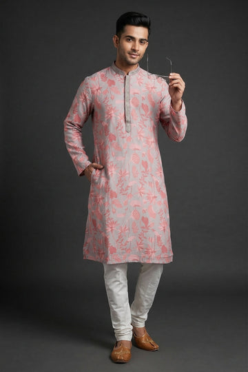 Silver Grey & Pink Floral Designer Kurta For Men