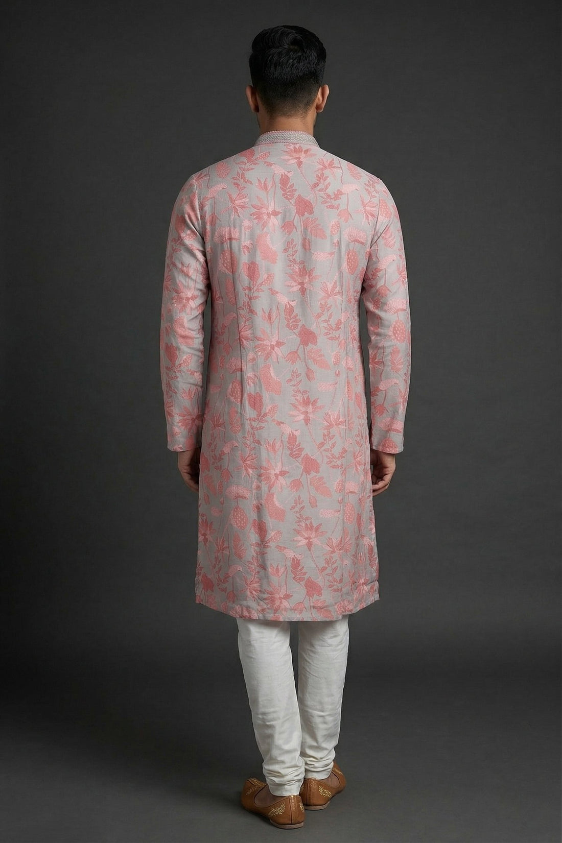 Silver Grey & Pink Floral Designer Kurta For Men