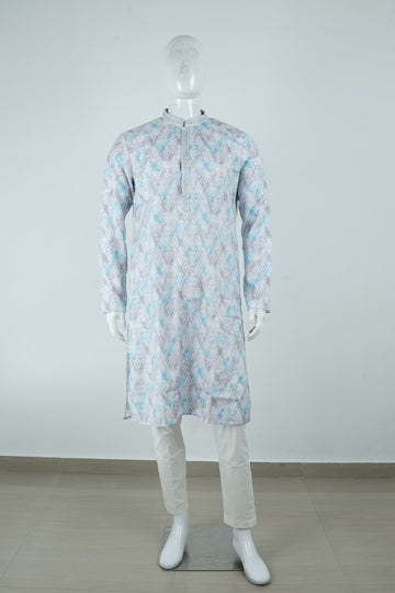 Ice Blue Geometric Printed Ethnic Kurta For Men