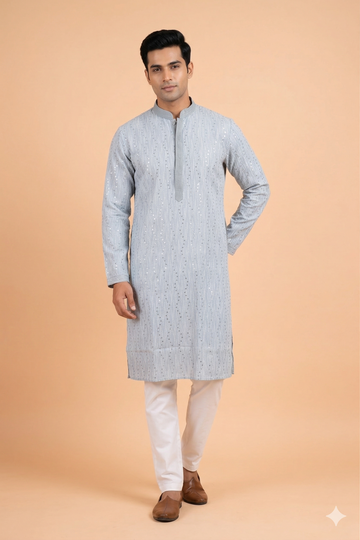 Sky Blue Sequin Striped Festive Men’S Kurta