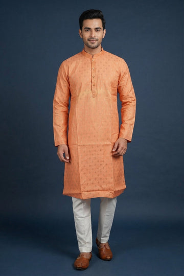 Sunset Orange Self Jacquard Kurta For Men