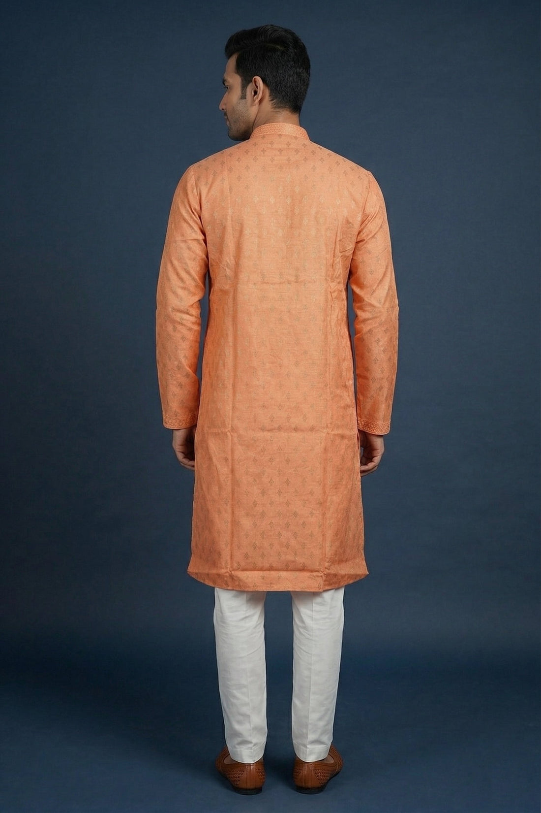 Sunset Orange Self Jacquard Kurta For Men