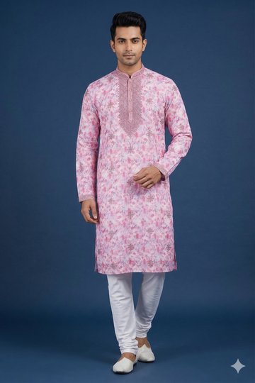 Blush Pink Printed Embroidered Festive Men’S Kurta