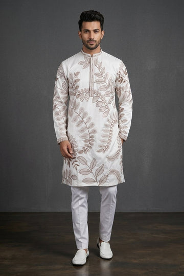 Ivory Botanical Embroidered Designer Men’S Kurta