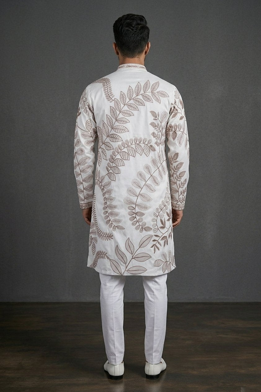 Ivory Botanical Embroidered Designer Men’S Kurta