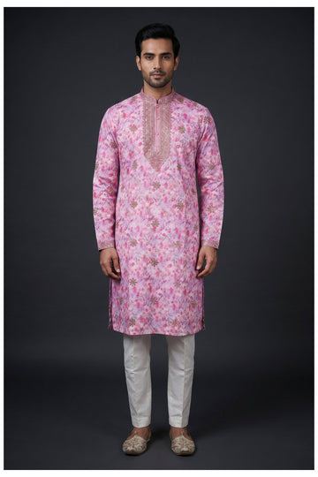 Pink Floral Embroidered Men'S Kurta