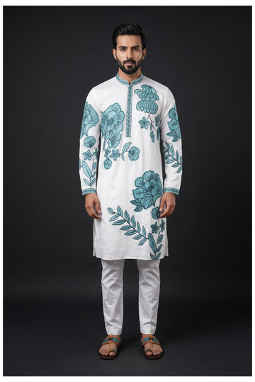 Off White Embroidered Floral Men'S Kurta