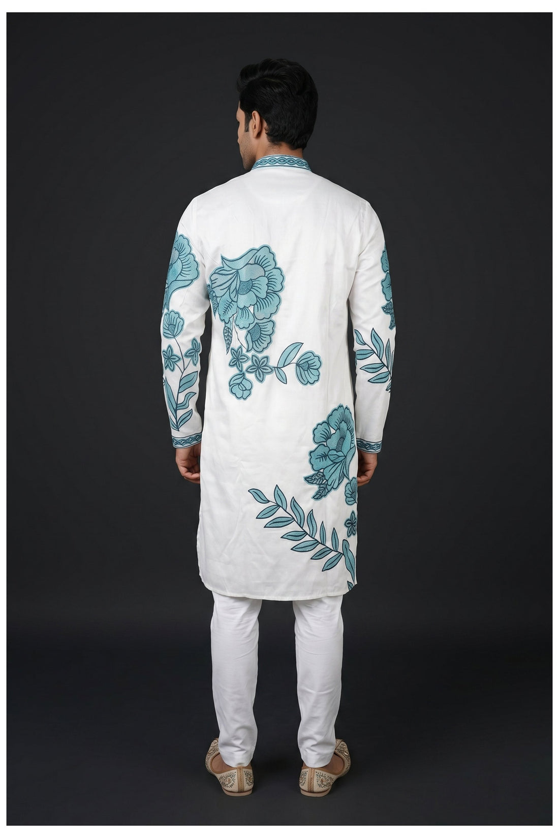 Off White Embroidered Floral Men'S Kurta