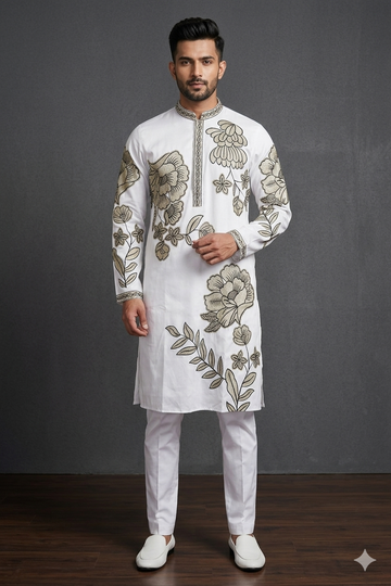 Ivory Leaf Embroidered Premium Men’S Kurta