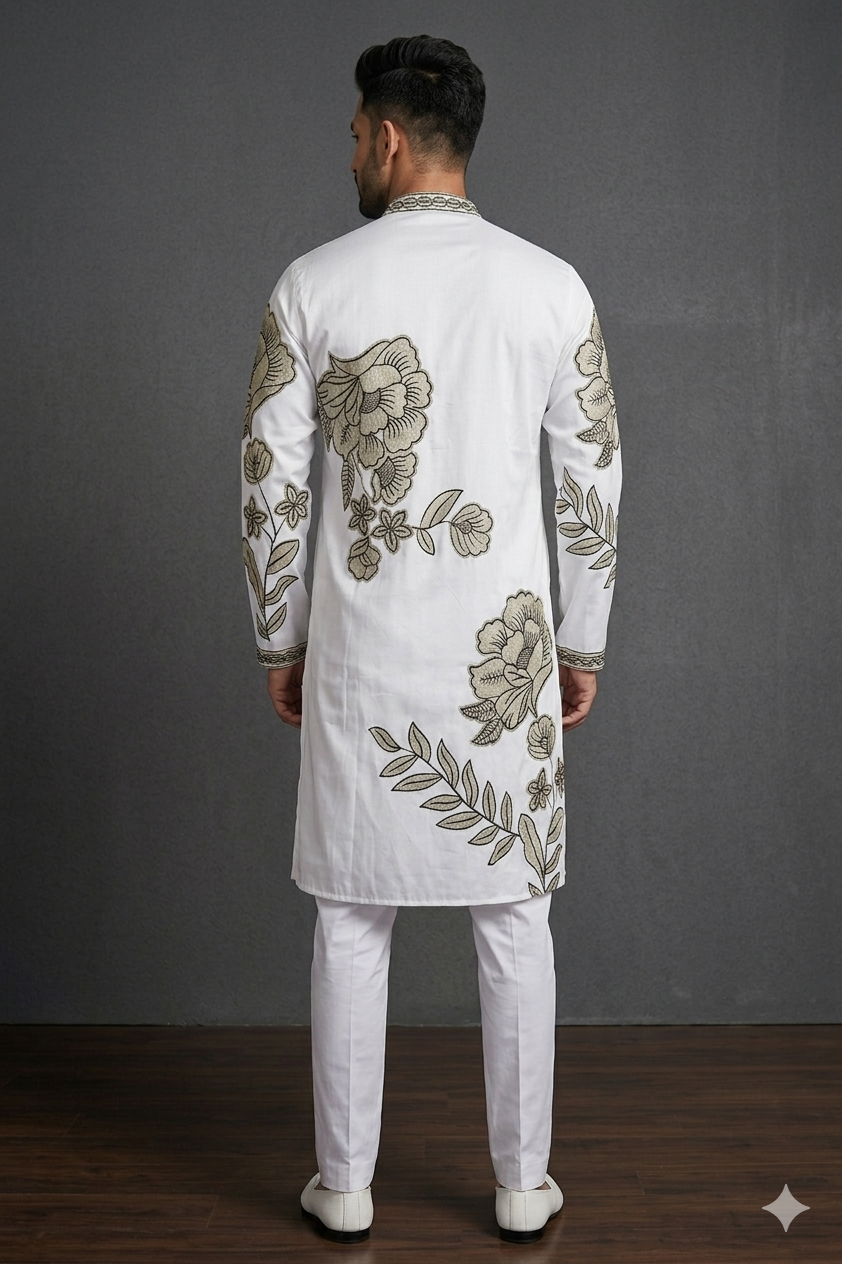 Ivory Leaf Embroidered Premium Men’S Kurta
