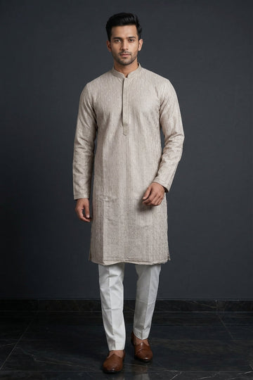 Beige Textured Jacquard Classic Men’S Kurta