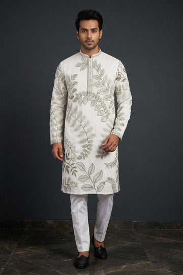 Ivory Botanical Threadwork Designer Men’S Kurta