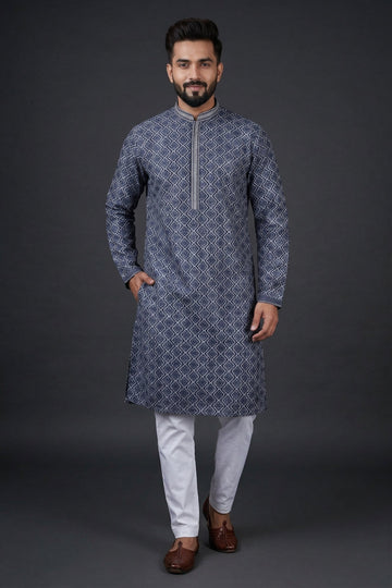 Royal Navy Geometric Jacquard Kurta For Men
