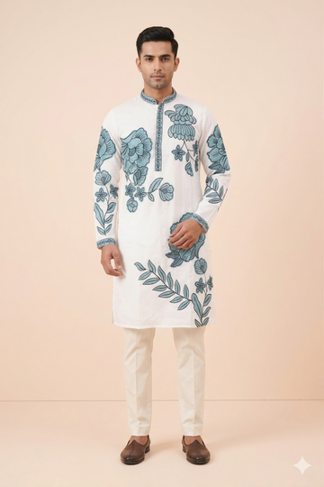 Ivory Floral Embroidered Designer Men’S Kurta
