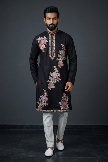Black Floral Embroidered Designer Men’S Kurta