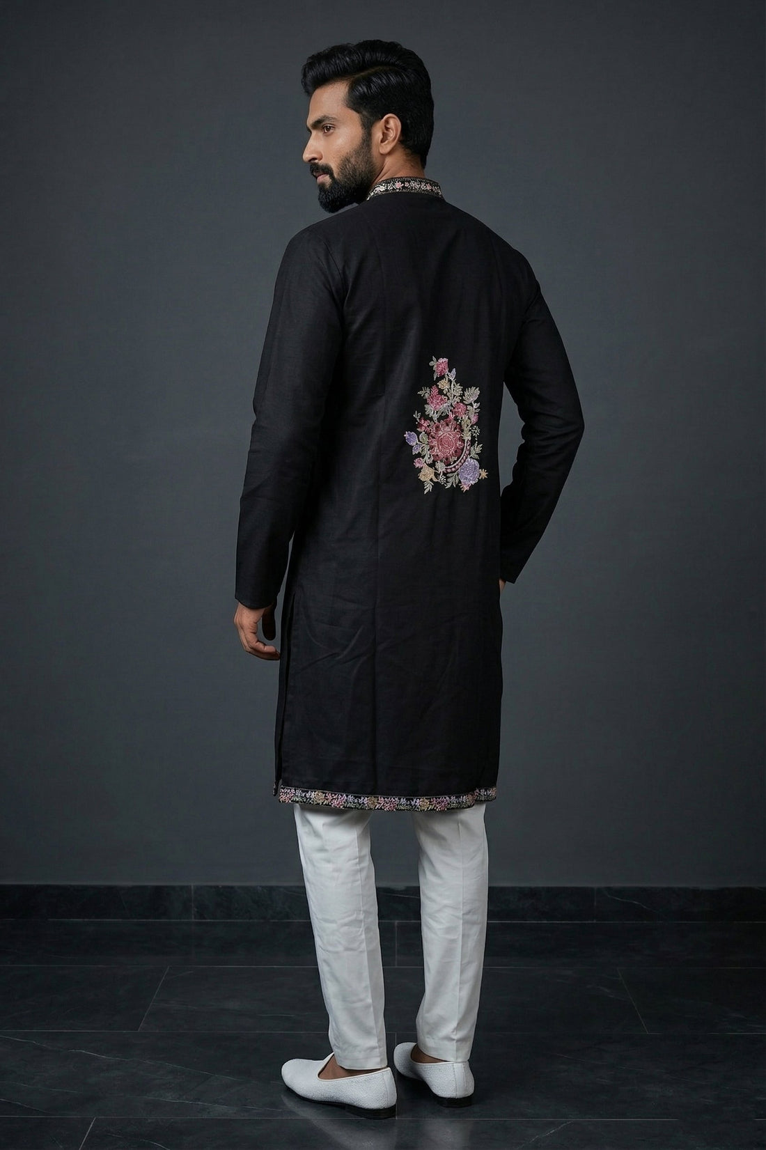 Black Floral Embroidered Designer Men’S Kurta