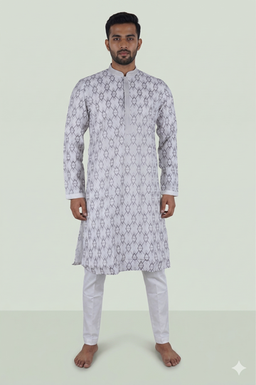 Ivory Grey Geometric Printed Classic Men’S Kurta
