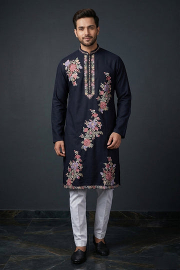 Royal Navy Blue Floral Embroidered Designer Kurta