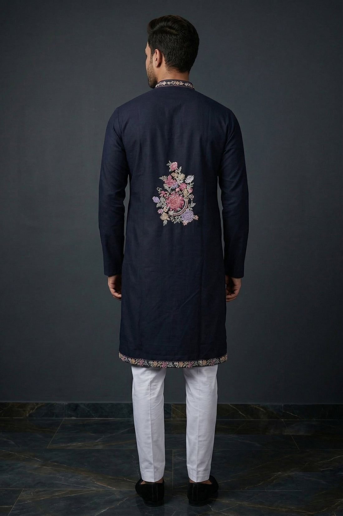Royal Navy Blue Floral Embroidered Designer Kurta